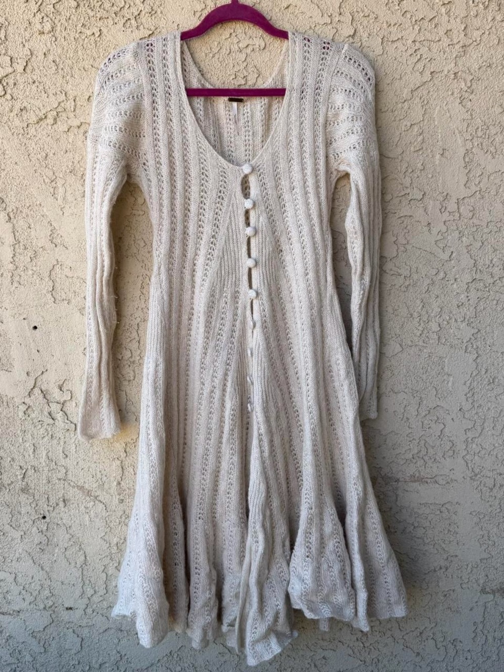 Free People Cream Knit Long-Sleeve Button Front Dress